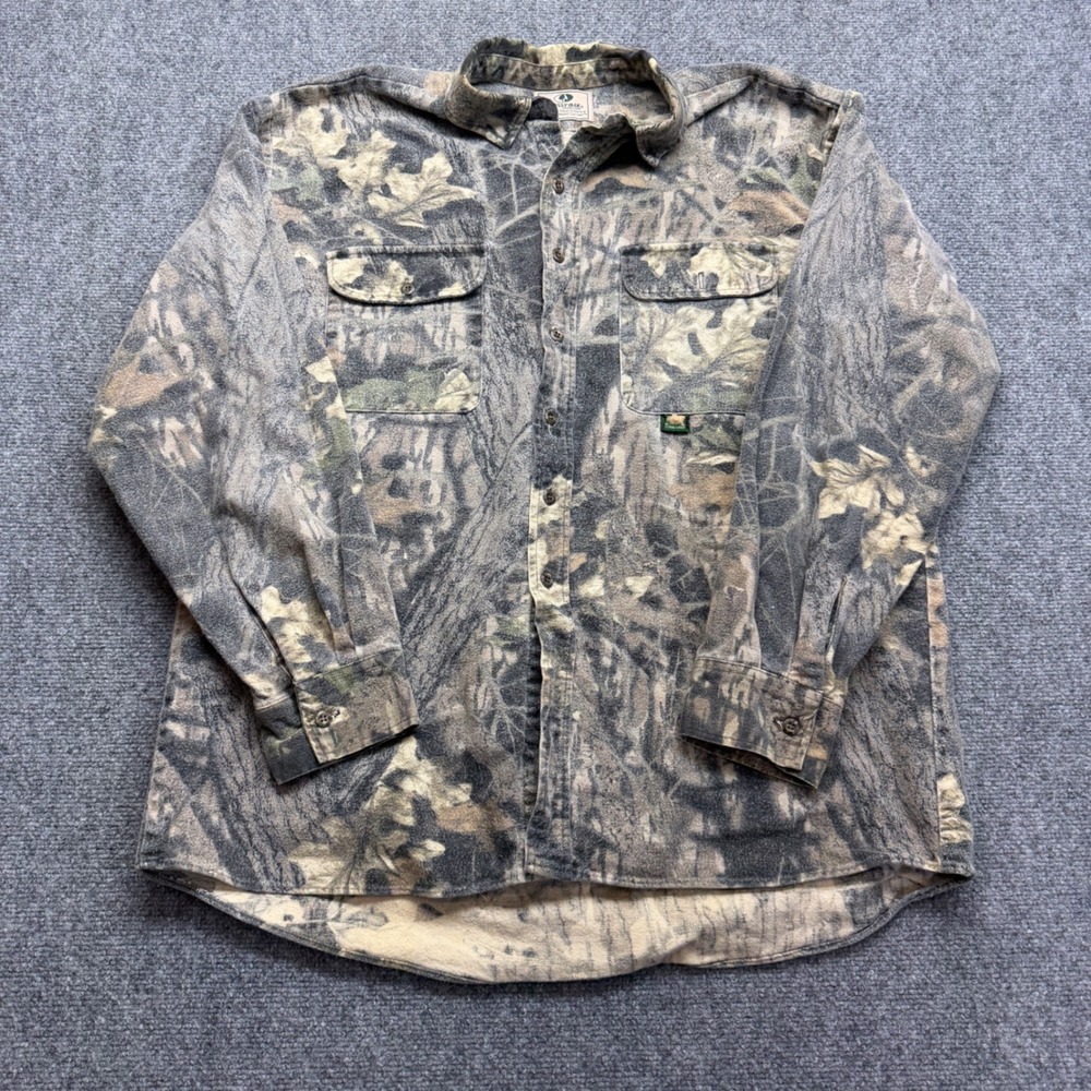 VTG Mossy Oak Brand Camo Mens Flannel Button Down Shirt Camouflage Hunting XL